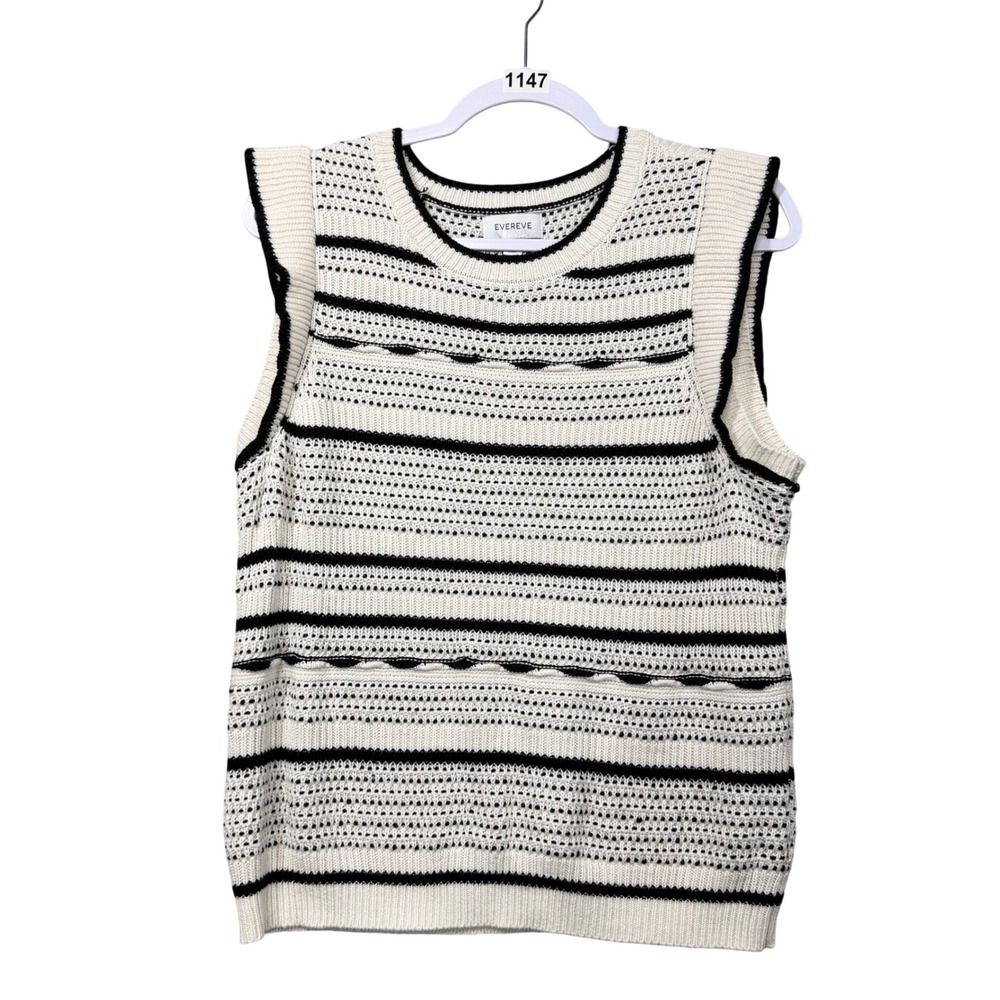 Evereve Sweater Vest Women M Cream Black Striped Ruffle Sleeve Knit Top